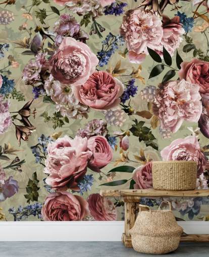 saliegroen en roze vintage bloemenbehang saliegroen en roze vintage bloemenbehang