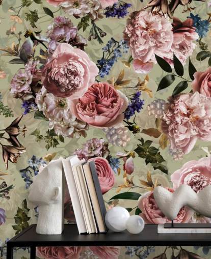 sage green and pink vintage flower wallpaper