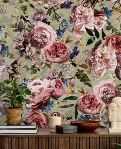 papel de parede flor vintage verde e rosa sálvia