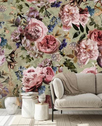 saliegroen en roze vintage bloemenbehang