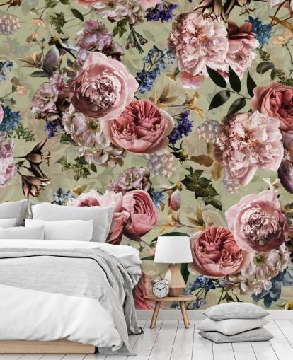 salvie grøn og pink vintage blomst tapet