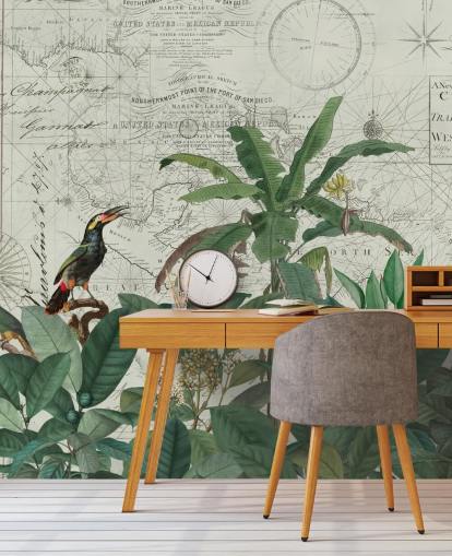 exotic birds in jungle and map background wallpaper