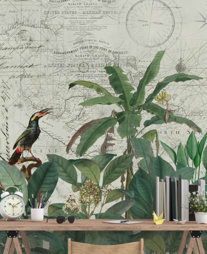 exotische Vögel im Dschungel und Kartenhintergrund