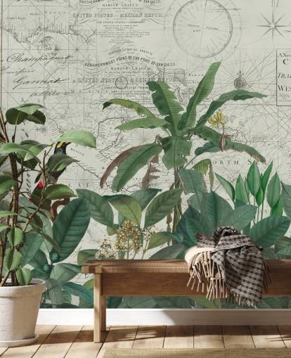 exotic birds in jungle and map background wallpaper