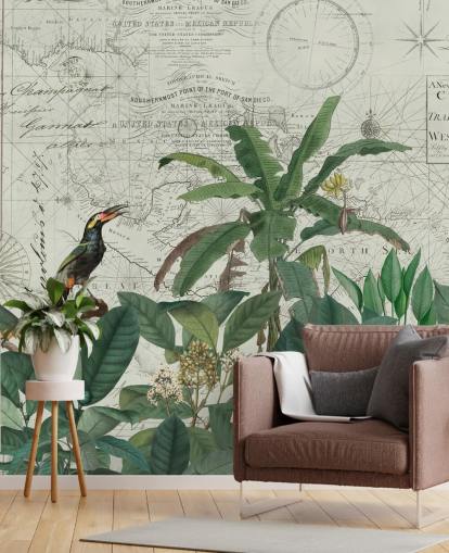 exotic birds in jungle and map background wallpaper