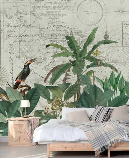 exotic birds in jungle and map background wallpaper