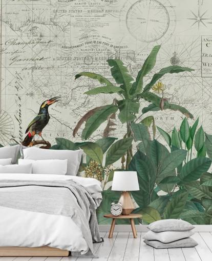 exotic birds in jungle and map background wallpaper
