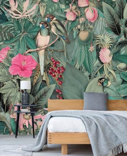 papegaaien in roze en groen jungle behang papegaaien in roze en groen jungle behang