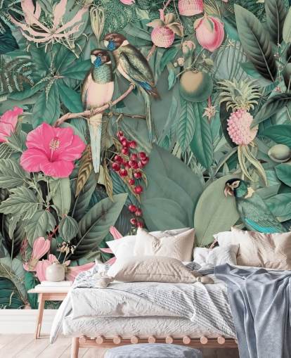 papier peint perroquets dans la jungle rose et vert