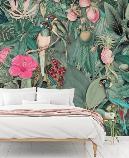 papel pintado loros en selva rosa y verde papel pintado loros en selva rosa y verde