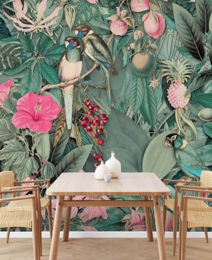 papagaios em papel de parede selva rosa e verde