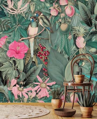 papier peint perroquets dans la jungle rose et vert