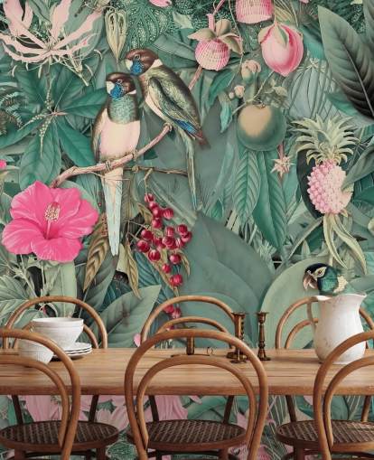 papel pintado loros en selva rosa y verde