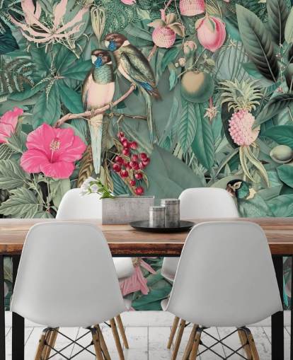 papegaaien in roze en groen jungle behang papegaaien in roze en groen jungle behang