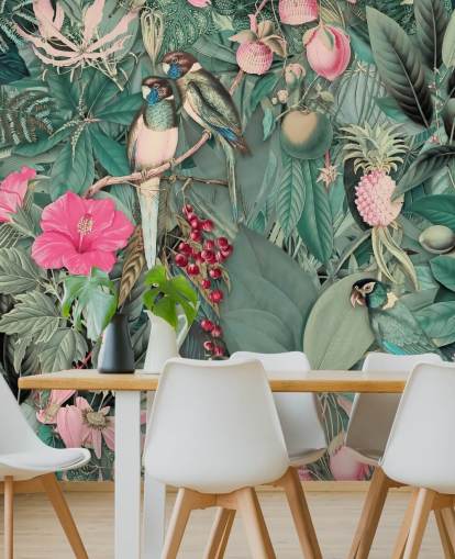 papegaaien in roze en groen jungle behang