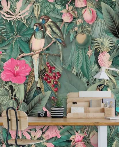 papegaaien in roze en groen jungle behang papegaaien in roze en groen jungle behang