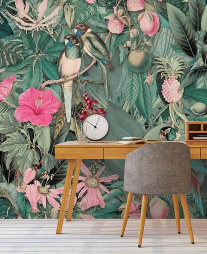 papegaaien in roze en groen jungle behang