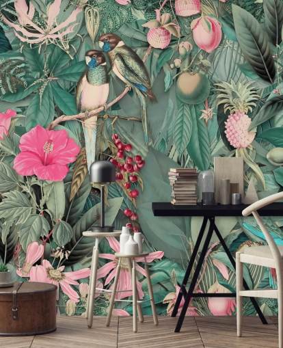 parrots in pink and green jungle wallpaper