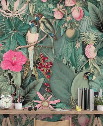 papagaios em papel de parede selva rosa e verde