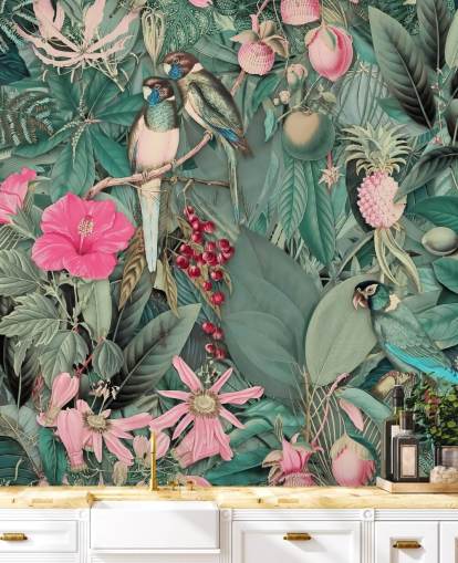 pappagalli in carta da parati giungla rosa e verde