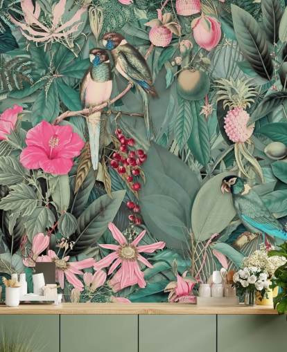 parrots in pink and green jungle wallpaper