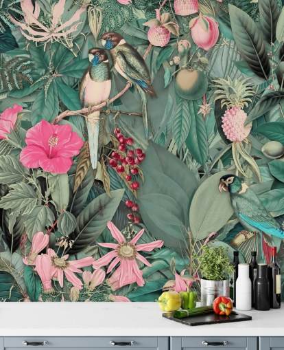 parrots in pink and green jungle wallpaper