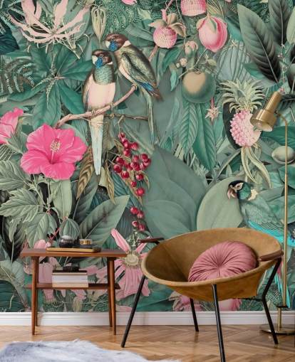 papel pintado loros en selva rosa y verde