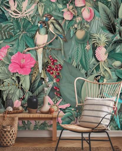 papagaios em papel de parede selva rosa e verde