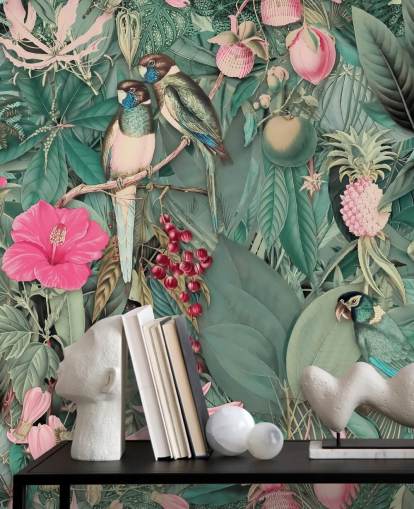 parrots in pink and green jungle wallpaper