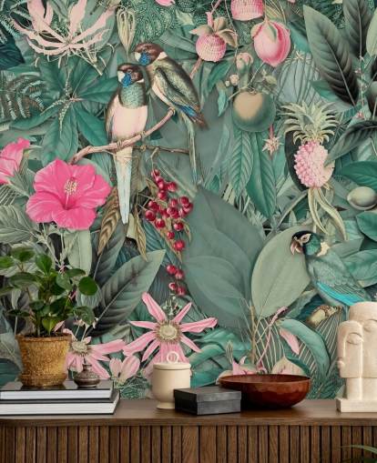 parrots in pink and green jungle wallpaper