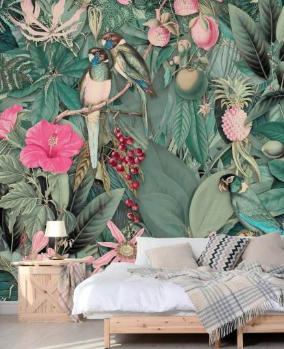 papagaios em papel de parede selva rosa e verde