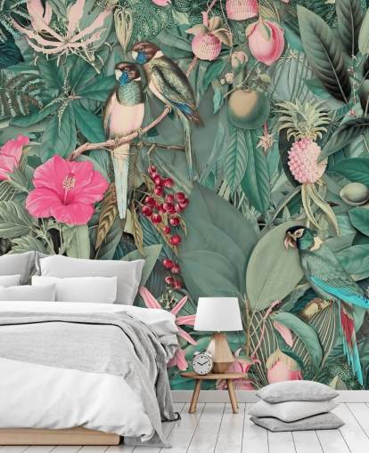 papier peint perroquets dans la jungle rose et vert