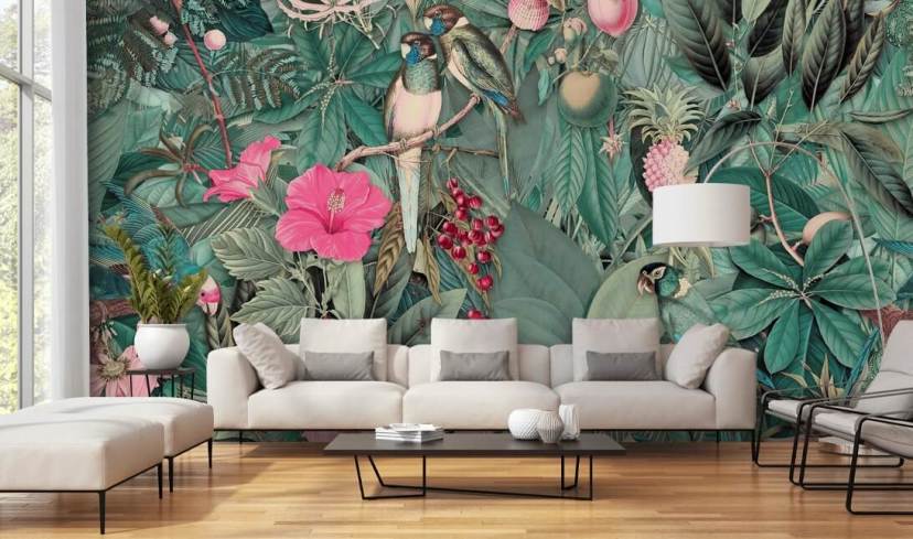 parrots in pink and green jungle wallpaper