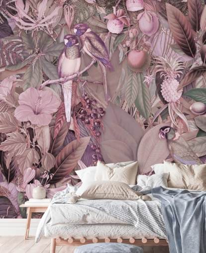 birds and leaves pink wallpaper