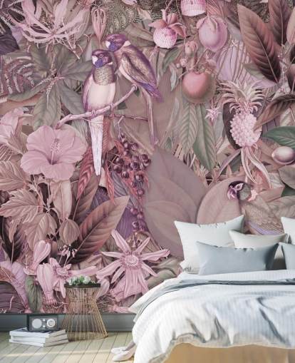 vogels en bladeren roze behang