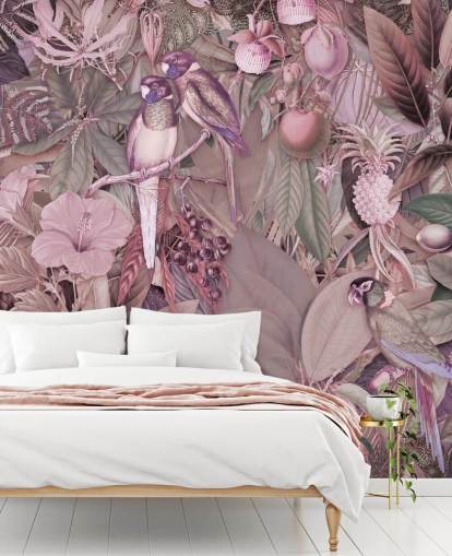 papel pintado pájaros y hojas rosa