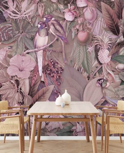 birds and leaves pink wallpaper