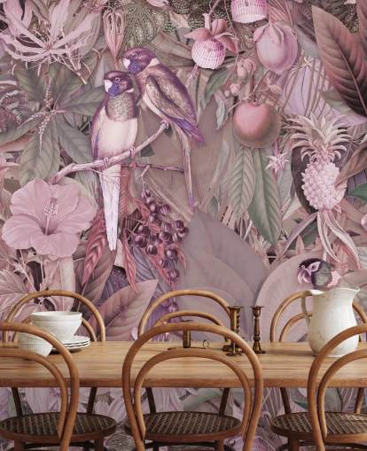 birds and leaves pink wallpaper