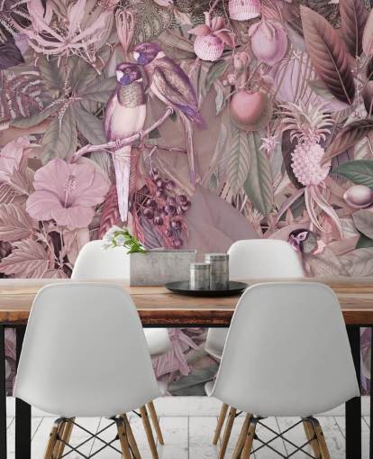 papel pintado pájaros y hojas rosa