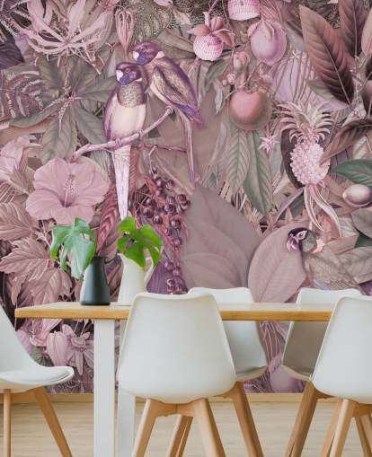 papel pintado pájaros y hojas rosa