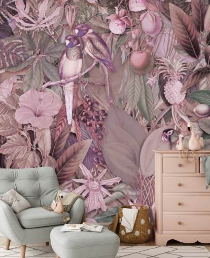 vogels en bladeren roze behang