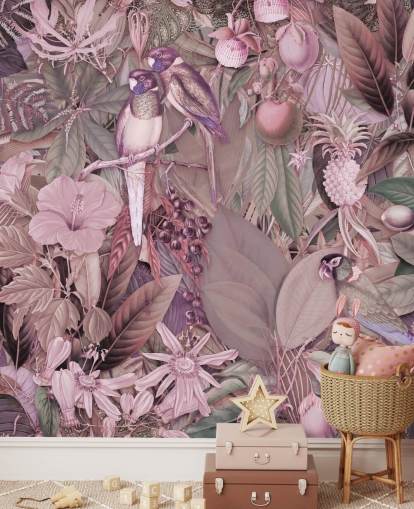 papel de parede rosa pássaros e folhas papel de parede rosa pássaros e folhas