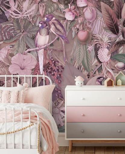 vogels en bladeren roze behang