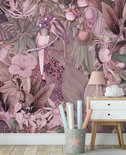 papel pintado pájaros y hojas rosa