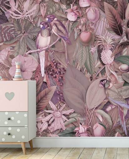birds and leaves pink wallpaper