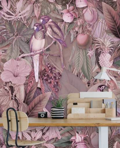 vogels en bladeren roze behang