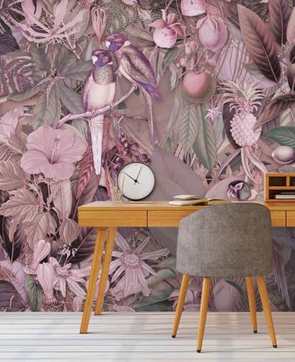 papel pintado pájaros y hojas rosa