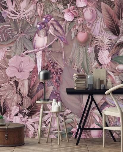 vogels en bladeren roze behang
