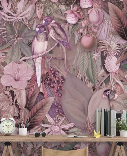 papier peint oiseaux et feuilles rose