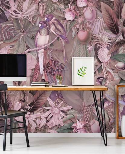 papier peint oiseaux et feuilles rose